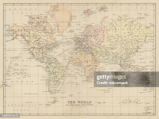 old chromolithograph map of world - continentes fotografías e imágenes de stock