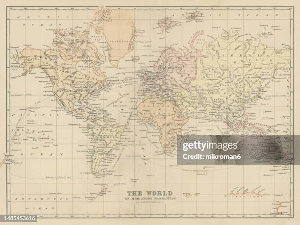 old chromolithograph map of world - old globe map stock pictures, royalty-free photos & images
