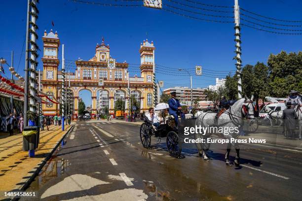 Horsemen and horse-drawn carriages at the Feria de Abril in Seville on the hottest day of the year on April 26, 2023. High temperatures on the fourth...