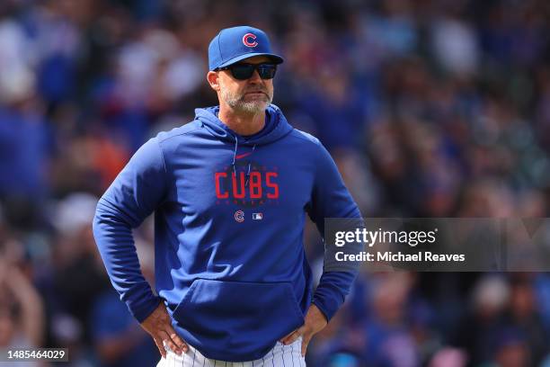 Manager David Ross of the Chicago Cubs looks on against the Los Angeles Dodgers at Wrigley Field on April 21, 2023 in Chicago, Illinois.