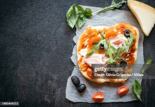 directly above shot of food on table,romania - pizza with ham stock pictures, royalty-free photos & images