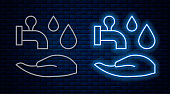 Glowing neon line Wudhu icon isolated on brick wall background. Muslim man doing ablution. Vector