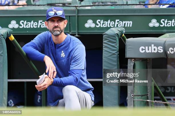 Pitching coach Mark Prior of the Los Angeles Dodgers looks on against the Chicago Cubs at Wrigley Field on April 21, 2023 in Chicago, Illinois.