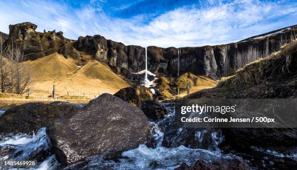 scenic view of waterfall against sky,iceland - corinne paradis stock pictures, royalty-free photos & images