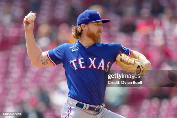 Jon Gray of the Texas Rangers pitches in the first inning against the Cincinnati Reds at Great American Ball Park on April 26, 2023 in Cincinnati,...