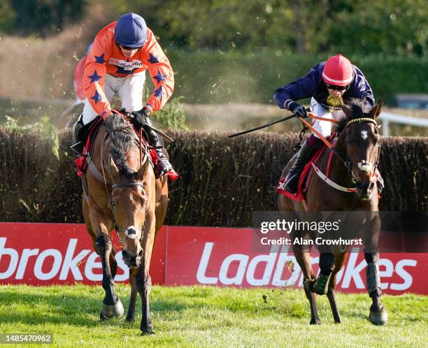 Slevin riding Fastorslow clear the last to win The Ladbrokes Punchestown Gold Cup at Punchestown Racecourse on April 26, 2023 in Naas, Ireland.