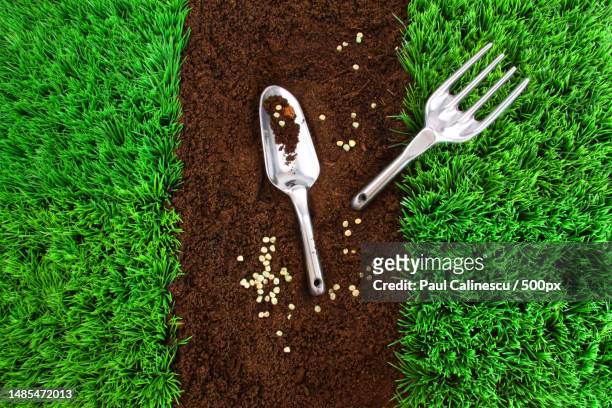 high angle view of shovel on field,romania - sod field stock pictures, royalty-free photos & images