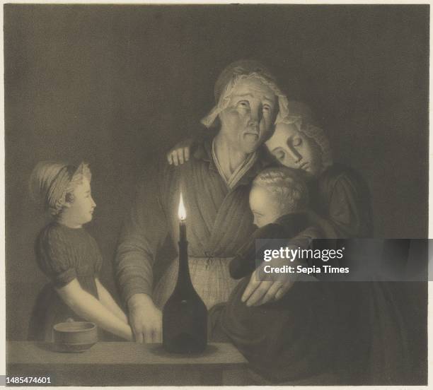 Mother with three children standing at a table with a burning candle, Mother with three children Trust in God and motherly love, print maker:...