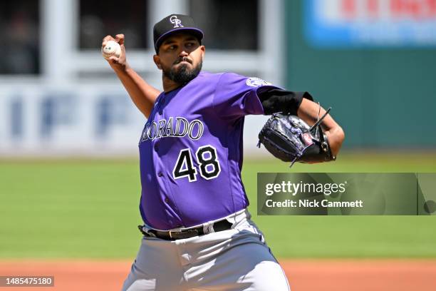 Starting pitcher German Marquez of the Colorado Rockies pitches during the first inning against the Cleveland Guardians at Progressive Field on April...