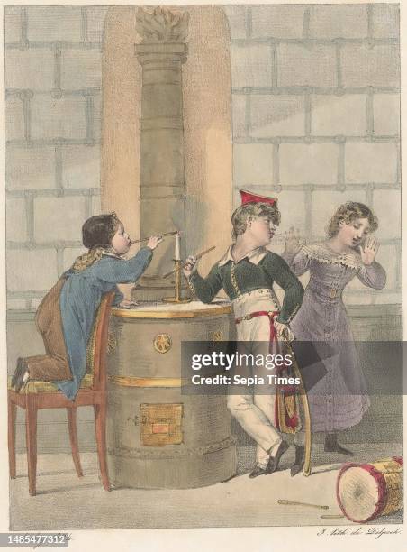This print is part of a cover with six prints, Two children experimenting with tobacco La petite tabagie, Kinderspel en kattekwaad Les jeux de...