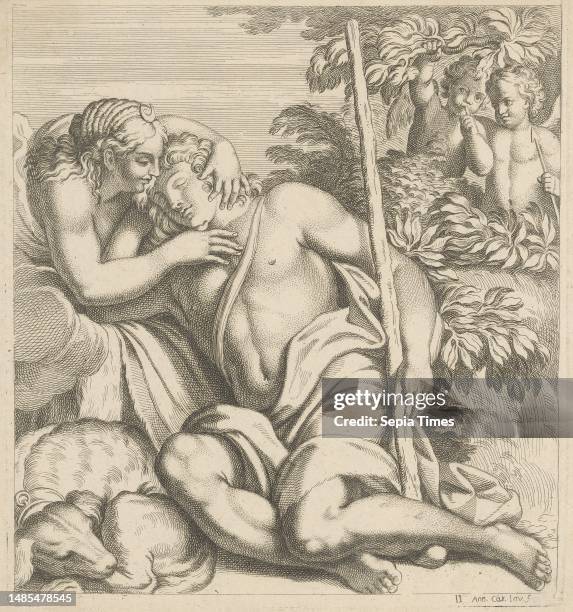 Diana and Endymion, anonymous, after Annibale Carracci, 1570 - 1659, The goddess Diana embraces the eternally sleeping youth Endymion. In the...