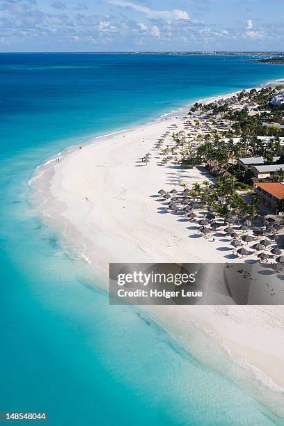 aerial of eagle beach. - oranjestad stock pictures, royalty-free photos & images