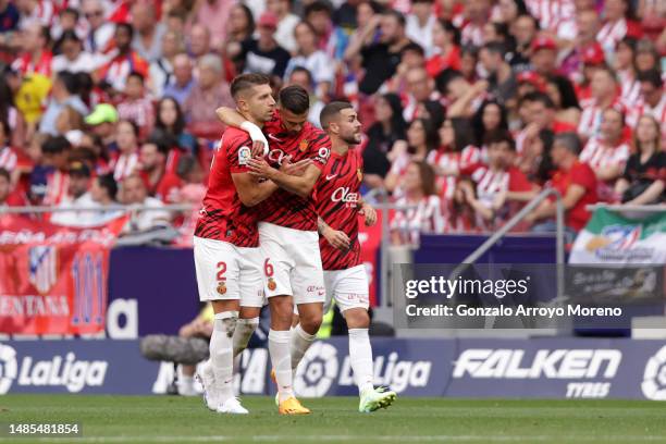 Matija Nastasic of RCD Mallorca celebrates with teammate Copete after scoring the team's first goal during the LaLiga Santander match between...