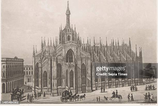 Piazza del Duomo in Milan with the Cathedral seen from the side. On the square several figures, Side view of the Cathedral of Milan Fianco del Duomo...