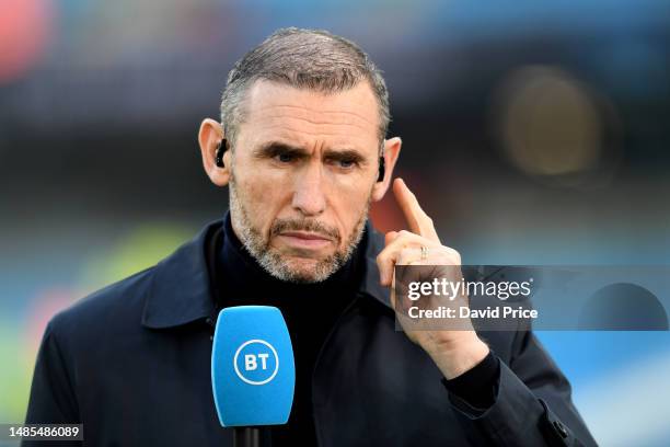 Former Arsenal player Martin Keown looks on prior to the Premier League match between Manchester City and Arsenal FC at Etihad Stadium on April 26,...