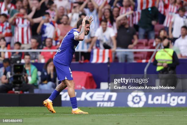 Rodrigo De Paul of Atletico Madrid celebrates after scoring the team's first goal during the LaLiga Santander match between Atletico de Madrid and...