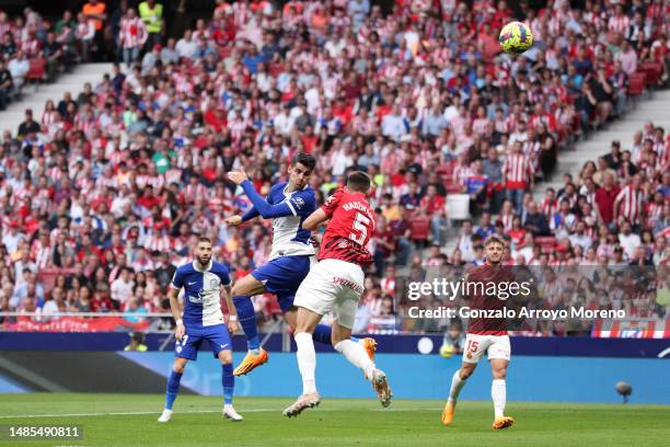 Alvaro Morata of Atletico Madrid scores the team's second goal during the LaLiga Santander match between Atletico de Madrid and RCD Mallorca at...