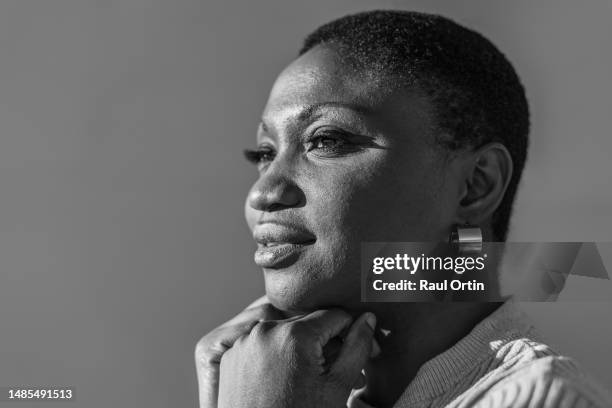 closeup portrait of young female - black and white portrait stock pictures, royalty-free photos & images