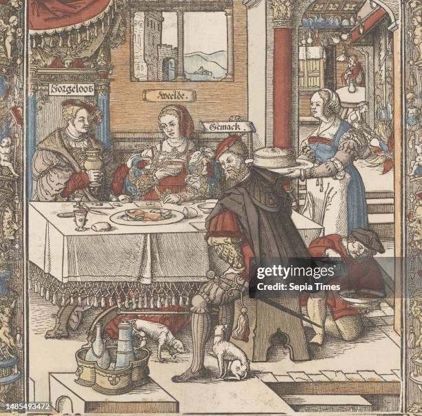 The meal, Cornelis Anthonisz. Sorgheloos, Weelde and Gemak are eating and drinking at a set table in the inn ''t huys van Quistenburch'. On the...