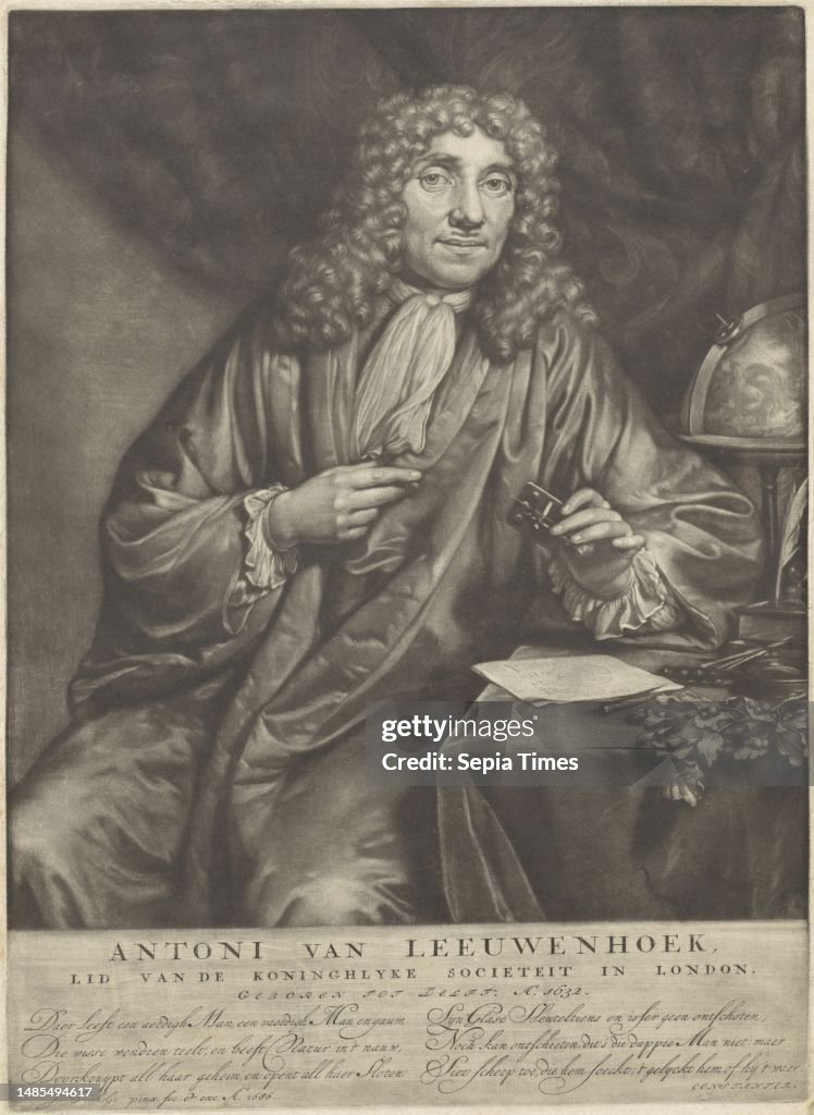 The merchant and scientist Anthony van Leeuwenhoek with the 'Van Leeuwenhoek' microscope in his hand. On the table on which he sits a globe, a branch, writing material and measuring instruments. In the margin are his name, date of birth and an ode, Portra
