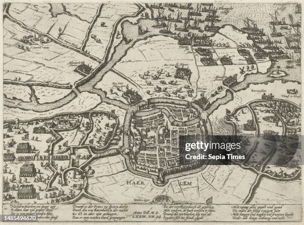 Map of the city of Haarlem and the surrounding area with the armies of the besieging Spanish troops of Don Frederik. Above alderman Alva and the...