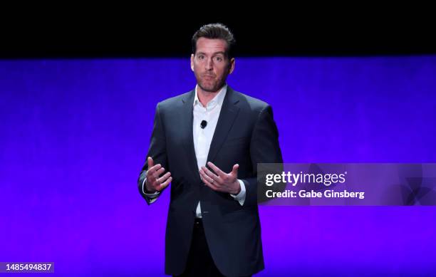 Dolby Laboratories Head of Cinema & Group Entertainment Jed Harmsen speaks during the Walt Disney Studios presentation during CinemaCon, the official...