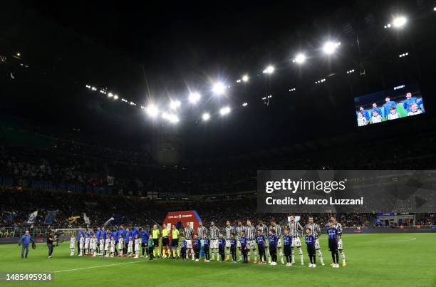 General view of the inside of the stadium as players of FC Internazionale and Juventus line up prior to the Coppa Italia Semi Final between FC...