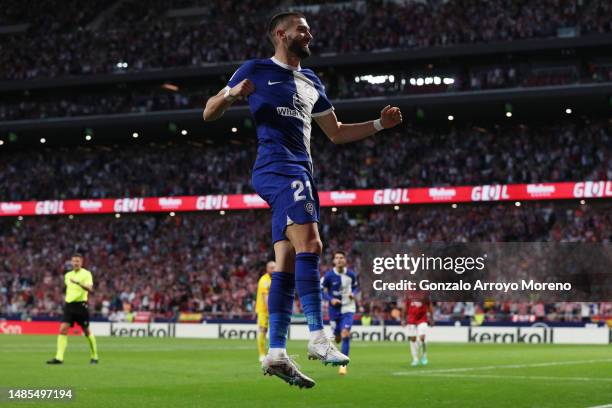 Yannick Ferreira Carrasco of Atletico Madrid celebrates after scoring the team's third goal during the LaLiga Santander match between Atletico de...