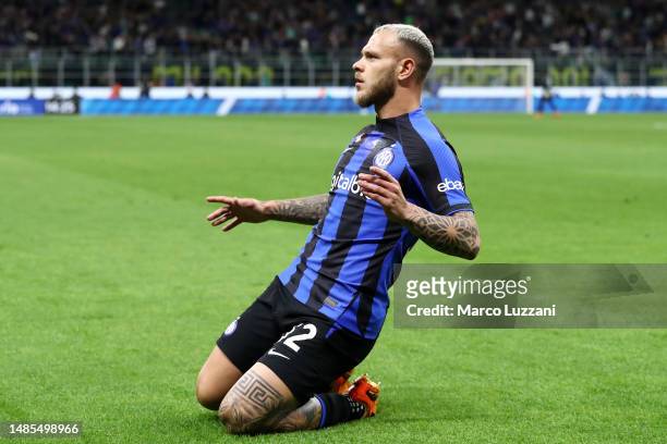 Federico Dimarco of FC Internazionale celebrates after scoring the team's first goal during the Coppa Italia Semi Final between FC Internazionale and...