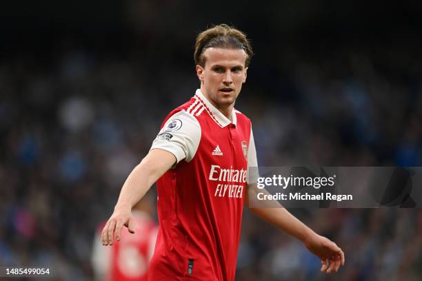 Rob Holding of Arsenal looks on during the Premier League match between Manchester City and Arsenal FC at Etihad Stadium on April 26, 2023 in...