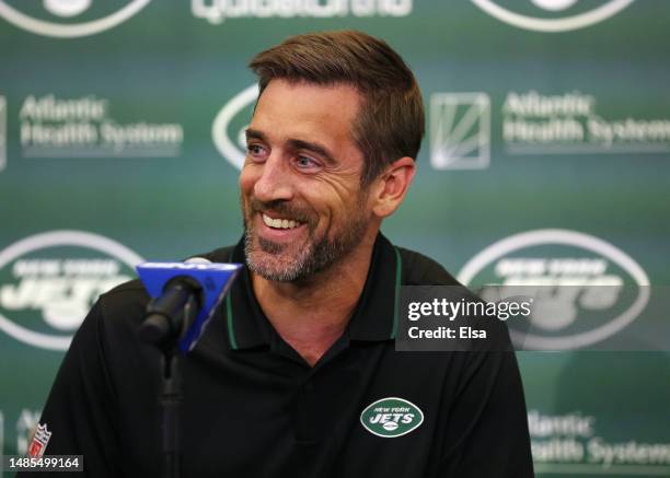 New York Jets quarterback Aaron Rodgers attends an introductory press conference at Atlantic Health Jets Training Center on April 26, 2023 in Florham...