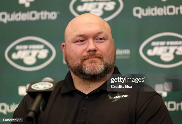 New York Jets general manager Joe Douglas attends a press conference to introduce Aaron Rodgers as the new quarterback for the New York Jets at...