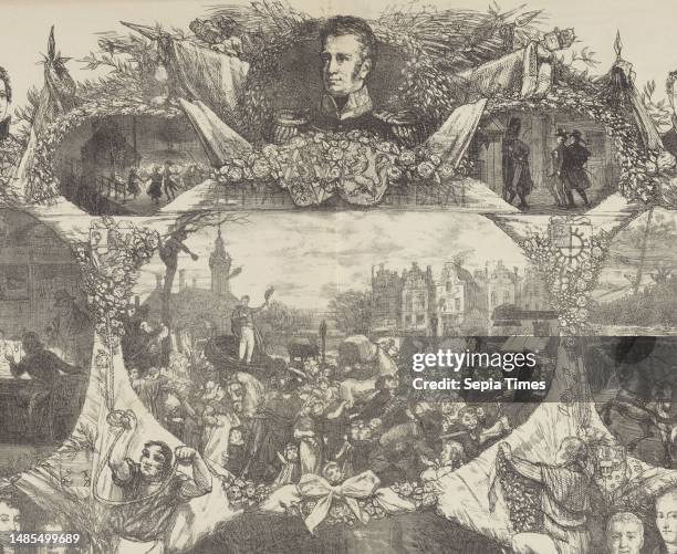 Commemorative print celebrating 50 years of Dutch independence, August Allebé The events in garlands relate to the return of William I Frederick,...