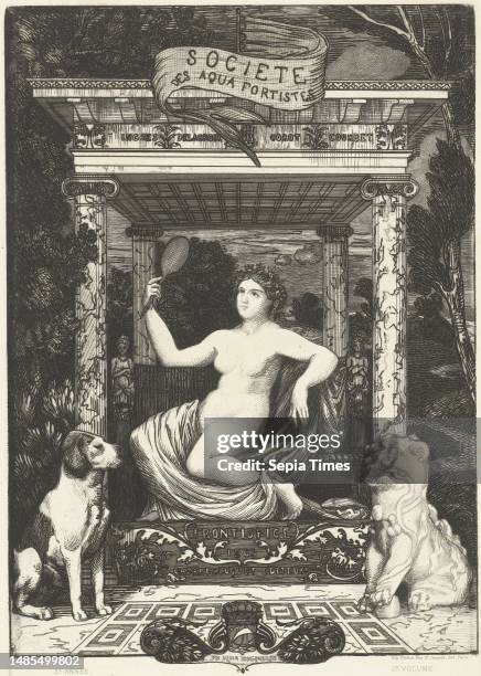 Frontispice for the third volume of the album of the Société des Aquafortistes with allegory on beauty and nature and art. A naked woman with a...