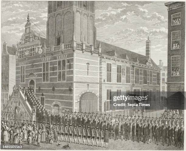 Arrival of the delegation of patriots at the city hall of Rotterdam to enforce the deposition of some orange-minded councillors, 3 April 1787. The...