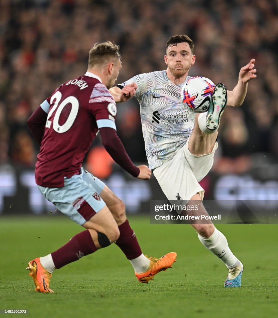 Andy Robertson of Liverpool with West Ham United's Jarrod Bowen... News Andy Robertson of Liverpool with West Ham United's Jarrod Bowen... News