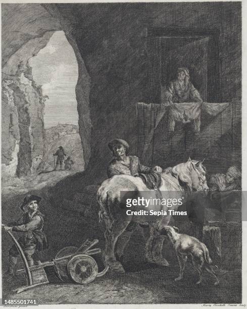 Farmer stands with a boy near his plow-stretched horse in a cave In front of the horse is a dog A woman is fetching water from a well with a bucket A...