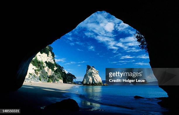 cathedral cove beach through an archway. - cathedral cove stock pictures, royalty-free photos & images