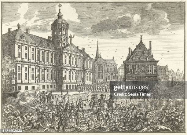 View of Dam Square with the Town Hall, the Nieuwe Kerk, the Waag and the Damrak, with the firing by the vigilante in the rows of intruding spectators...