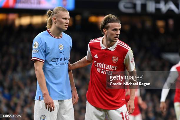 Erling Haaland of Manchester City and Rob Holding of Arsenal look on during the Premier League match between Manchester City and Arsenal FC at Etihad...
