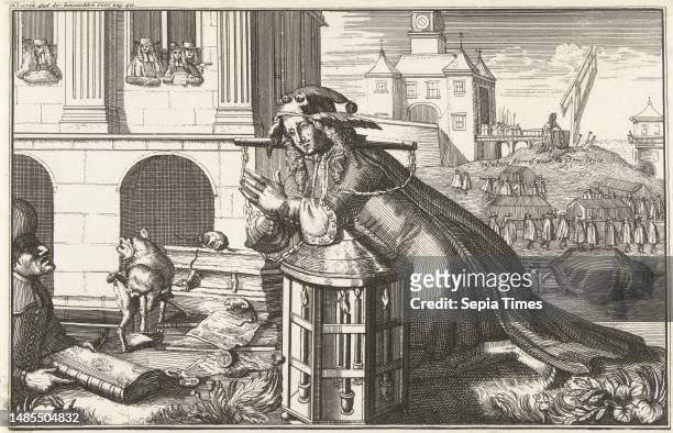 Groothans and the Privilege finder. Cartoon on the regents of Amsterdam, 1690. The Privilege seeker kneels begging and crying with a yoke on his...