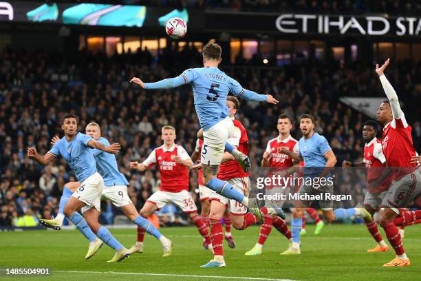 John Stones of Manchester City scores the team's second goal during the Premier League match between Manchester City and Arsenal FC at Etihad Stadium...