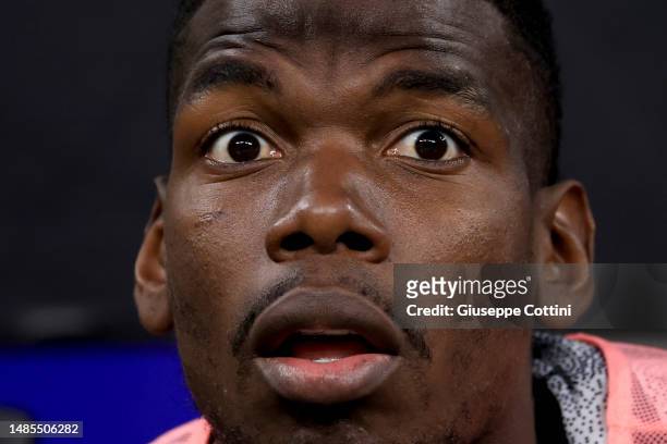 Paul Pogba of Juventus FC looks on during the Coppa Italia Semi Final match between FC Internazionale and Juventus FC at Giuseppe Meazza Stadium on...