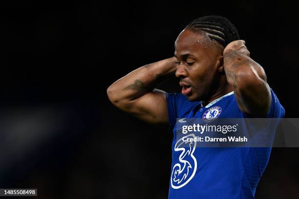 Raheem Sterling of Chelsea looks dejected during the Premier League match between Chelsea FC and Brentford FC at Stamford Bridge on April 26, 2023 in...