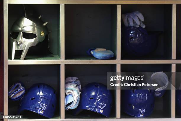 Gladiator' home run helmet is displayed in the Kansas City Royals helmet rack before the MLB game against the Arizona Diamondbacks at Chase Field on...