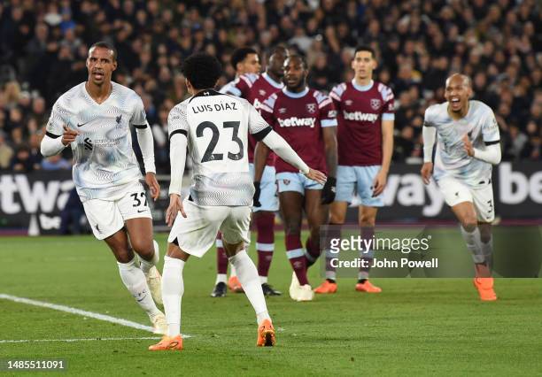 Joel Matip of Liverpool celebrates after scoring the second goal during the Premier League match between West Ham United and Liverpool FC at London...