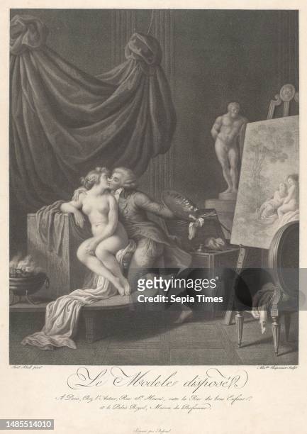 Young painter and his model, Le Modele disposé , In a painter's studio, a young painter embraces and kisses his nude model. In his hand he holds a...