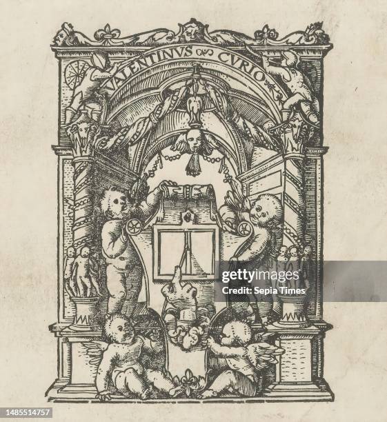 Printer's mark of Valentin Curio, Two putti under a decorated arch hold a shield with a tablet described by a hand from a cloud. Print maker: Hans...