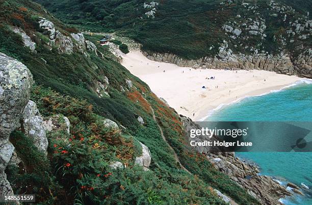 overhead of porthcurno cove. - porthcurno bay stock pictures, royalty-free photos & images