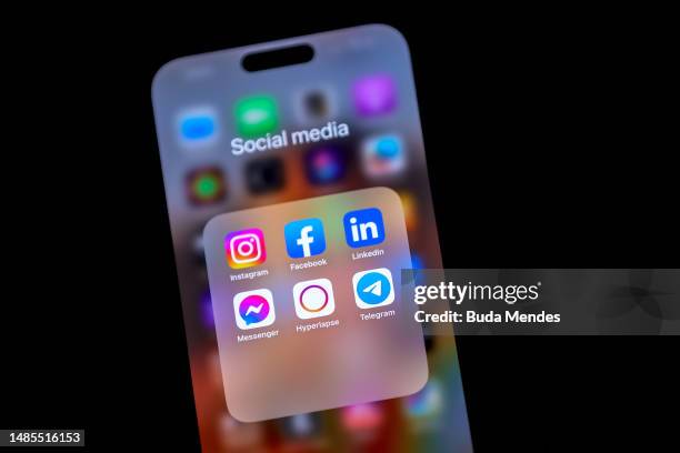 In this photo illustration, the logos of social media applications Instagram, Facebook, LinkedIn, Messenger, Hyperlapse and Telegram are displayed on...